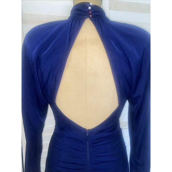 VINTAGE CASADEI 1980s Blue Draped Open Back Long Sleeve Dress Sz Large - Picture 8 of 11